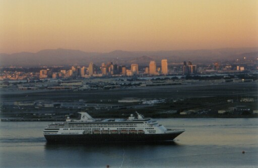 San Diego at dusk with a cruise ship