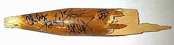 Piece of stool chainsawed at Jackyl show during 'The Lumberjack'...autographed by all 5 members