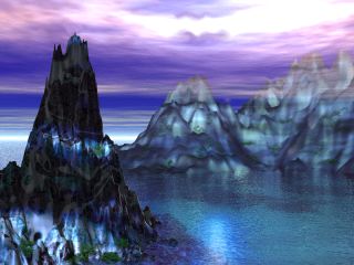 Another fantasy digital seascape by Maryann Sterling.  Very surreal. Ocean pale and clear and glassy.
Clouds layered over the horizon are in tones of cobalt and lilac.
Jagged and pointed islands of rock, in soft blues and purples and green patches of plant life, seem crystalline/opalescent.
The foremost island is shadowed in an unearthly manner.