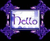 A rectangular glassy button with purple reflection,
bordered in a purple/lilac Celtic weave design,
on which 'Hello' is embossed in purple.