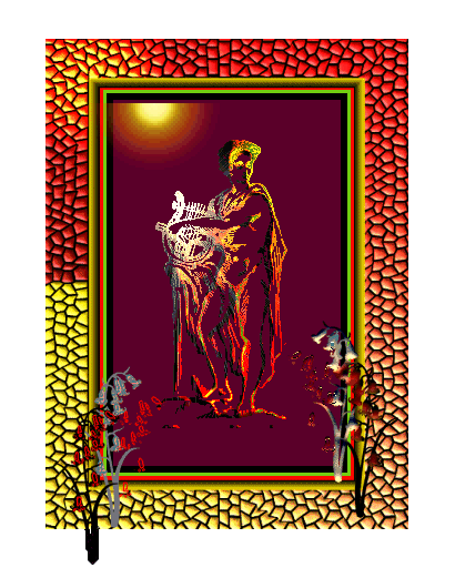 A draped-from-the-back mostly nude Apollo
standing with a held lyre. Apollo's body is turned to
the left and his head faces right in a line image on a
purple-wine background. Black line has been altered to
color line in a gradation of sunset and autumn hues,
i.e. mostly fiery reds on the figure's legs and bright
yellows from the upper torso and above. Here and there
are highlight specks of pale lime green. The held lyre
glows with white and pale yellow light, sending
illuminating rays out and downward. In the upper left 
corner glows the lower half of a fireball of a sun.
This sun seems to burn like an ember through the
purplish background. Entire image is framed. Frame color
is the same gradation used for Apollo except the reds
are on top and the yellows bottom. There are three inner
borders, black, pale lime green and cayenne red, and a
frame bevel of yellow ochre. Frame texture is pebbly,
pillowed mosaic. Upper left corner of frame is
illuminated to a yellow-orange glow using a Paint Shop Pro
lighting effect. It looks like the frame is lit from
behind. Finally, I have placed PSP "tubes" of 
wood hyacinths in both lower corners of the picture
frame; flowers extend into the purplish background.
Originally blue-flowered and green-leafed, I used the
PSP color options to alter the hyacinths so that they
are now abstracted. Now, flowers are either pale and
ghostly or grayed, or they have black foliage and
blood-red abstracted flowers. Although the flower
in the Hyacinth myth is described as being purple,
I made those color alterations as an allusion to the
transformation in death of Prince Hyacinthus, the
flower springing from his life-blood.