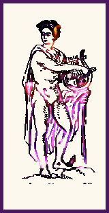 A draped-from-the-back mostly nude Orpheus
standing with a held lyre, body facing right. It's
a black-line image on an off-white background.
Black line has been altered to color line in a sweep
from the bottom of held lyre and figure's waist
to the figure's ankles; the color is a gradation
from top to bottom of rose pink to orchid lavender.
On the neck and right side of figure's left-turned head,
lines have been colored in sunrise oranges as though
he is standing before the dawn. Figure created from
an Apollo dingbat from a mythology font.
