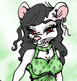 An albino mouse furry in a green dress.