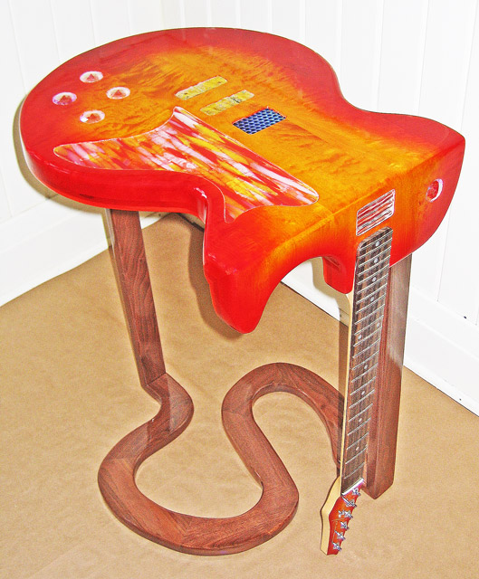 Quilted Maple Top, Walnut Legs, Red Dye, Dicroic and Irridescent Glass Inserts