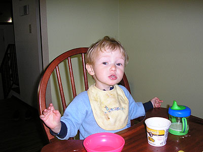 Dayne making faces at breakfast