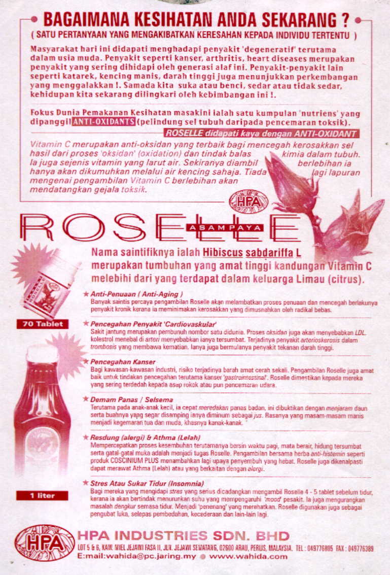 KOD:ZH19  75BIJI KAPSUL ROSELLE RM20.00
KOD:FH02  BOTOL 1 LITER KORDIAL ROSELLE RM15.00