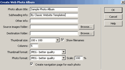 Snapshot of Create Web Photo Album Window