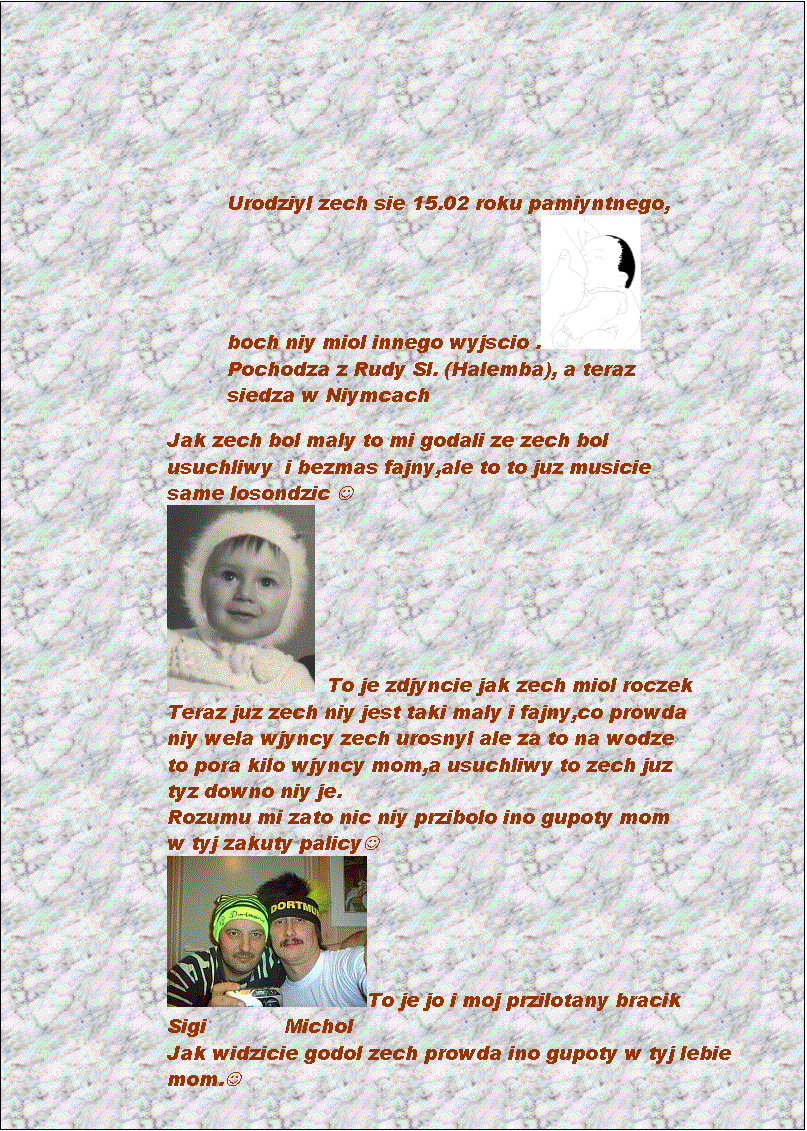 Text Box: Urodziyl zech sie 15.02 roku pamiyntnego,
boch niy miol innego wyjscio .  
Pochodza z Rudy Sl. (Halemba), a teraz siedza w Niymcach

Jak zech bol maly to mi godali ze zech bol
             		usuchliwy  i bezmas fajny,ale to to juz musicie
same losondzic J
   To je zdjyncie jak zech miol roczek
Teraz juz zech niy jest taki maly i fajny,co prowda
niy wela wjyncy zech urosnyl ale za to na wodze
to pora kilo wjyncy mom,a usuchliwy to zech juz
tyz downo niy je.
Rozumu mi zato nic niy przibolo ino gupoty mom
w tyj zakuty palicyJ
 To je jo i moj przilotany bracik
Sigi             Michol
Jak widzicie godol zech prowda ino gupoty w tyj lebie
mom.J
                                                      
