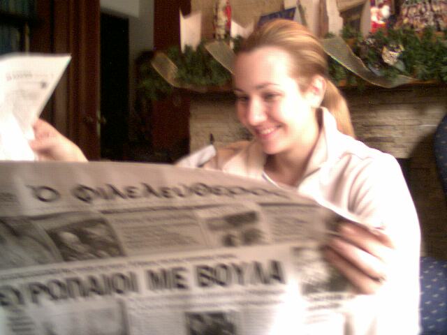 Annie reading the newspaper on the day that Cyprus joined the EU