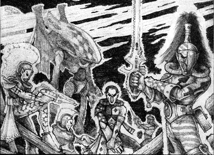 Eldar Harlequins, with Harlequin Dread standing behind them.