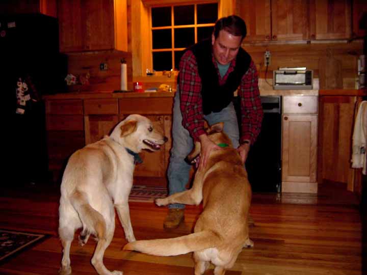 Cliff with Buddyand Spencer in the kitchen