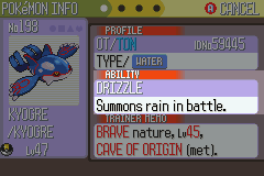 Kyogre's Ability highlighted...