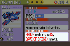 Kyogre's Brave Nature highlighted...