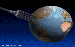Fork inserted into planet earth, with bite taken out.