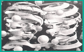 Two heads, paper mache strips, spheres.