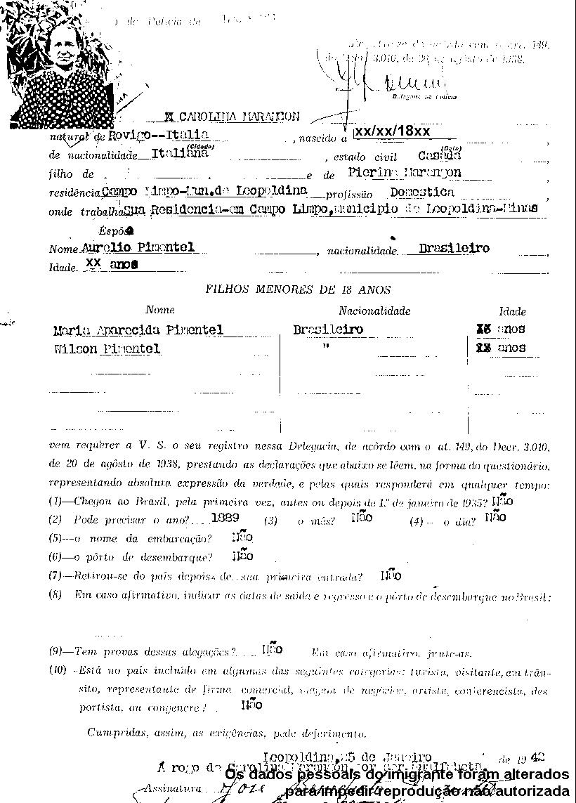 Requerimento para registro de imigrante com menos de 60 anos em 1938