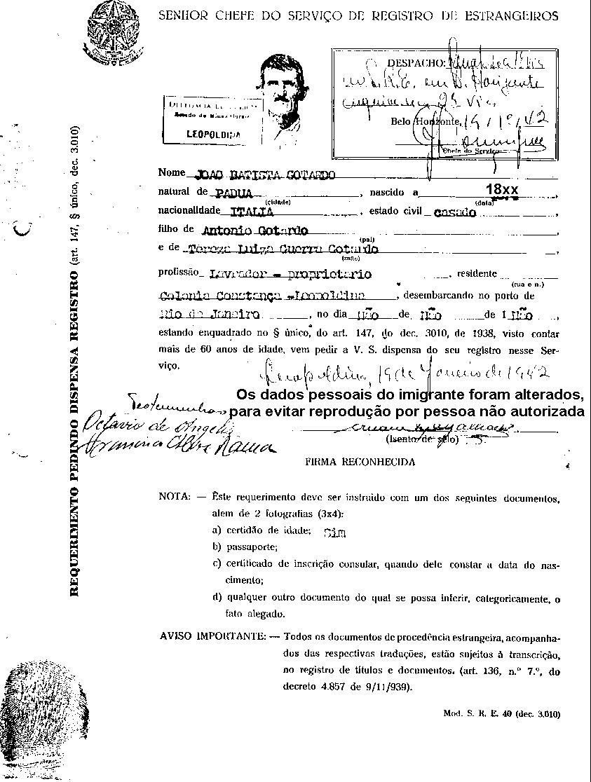 Requerimento para registro de imigrante com mais de 60 anos em 1938