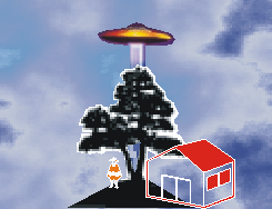 Desenho-minha m&atilde;e escondendo-se debaixo da &aacute;rvore, escondida com medo do Disco Voador.