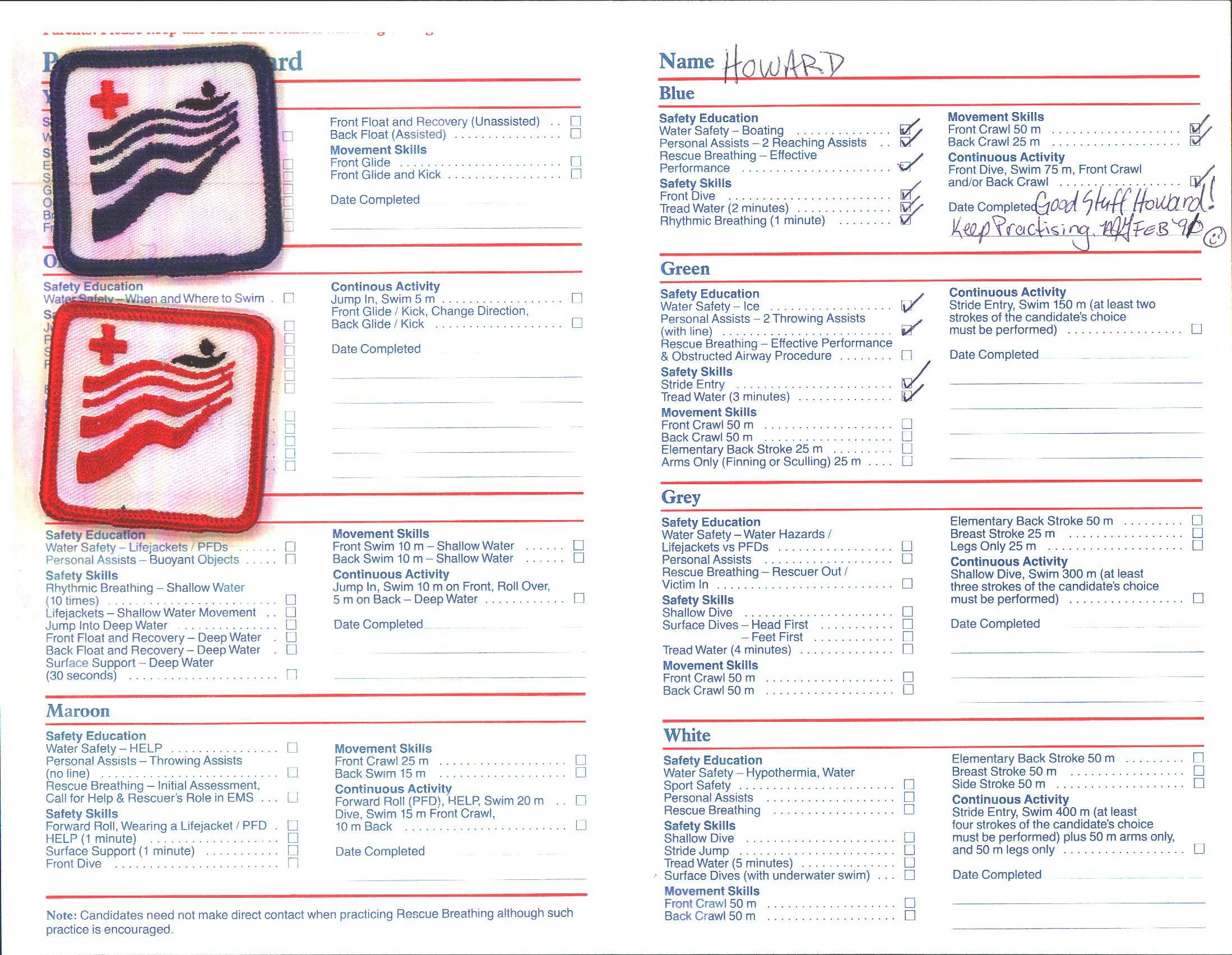 This is a scanned image of my Red and Blue Badges from the Red Cross Swimming Program