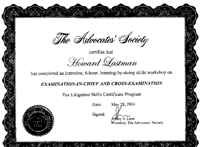 This is a scanned image of Certificate of Completion for my Tax Litigation Seminar