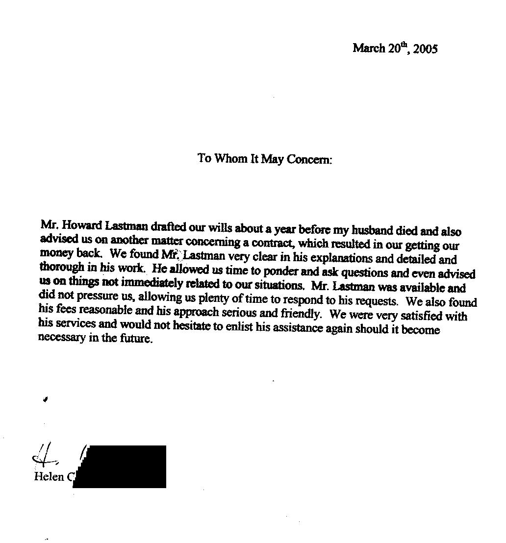 This is a scanned image of a client testimonial with the client's name removed to preserve confidentiality