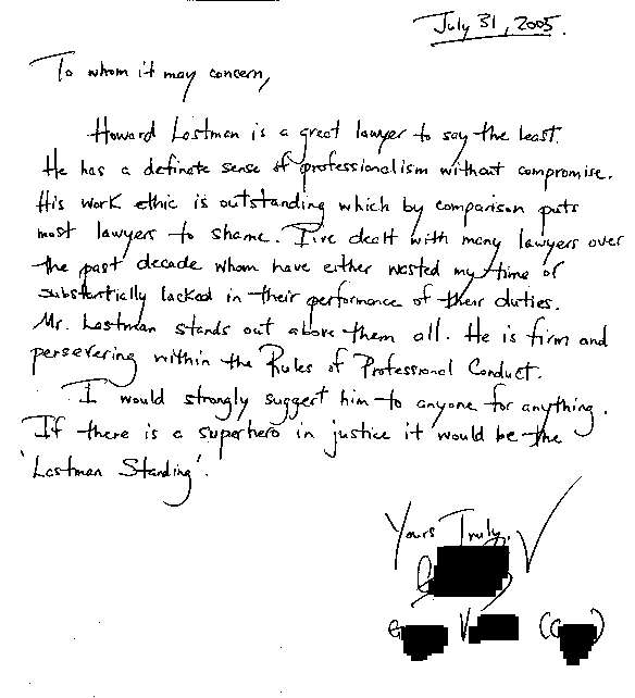 This is a scanned image of another client testimonial with the client's name removed to preserve confidentiality