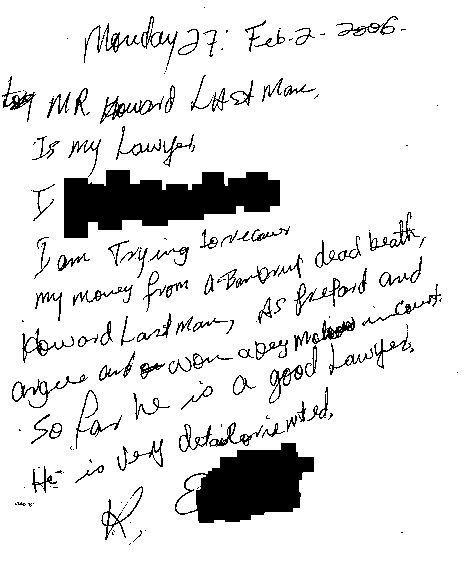 This is a scanned image of another client testimonial with the client's name removed to preserve confidentiality
