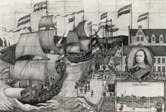 Tegelschilderij met symbolische voorstelling van de haven van Cura�ao onder de regering van Pieter Stuyvesant