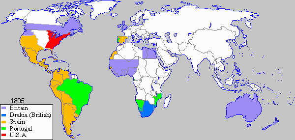 map of some powers' territories in 1805 on the Draka 2alpha timeline