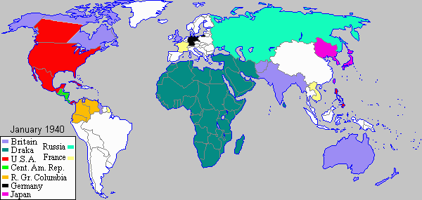 map of some power's territories in early 1940 on the Draka 2alpha timeline