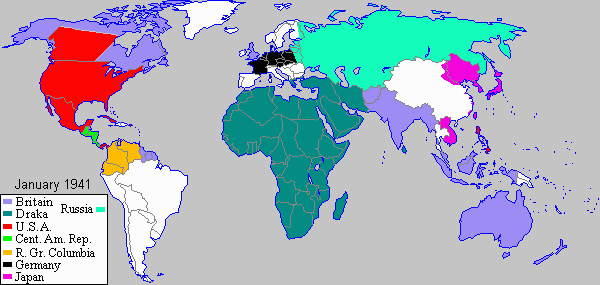 map of some powers' territories in early 1941 on the Draka 2-alpha timeline