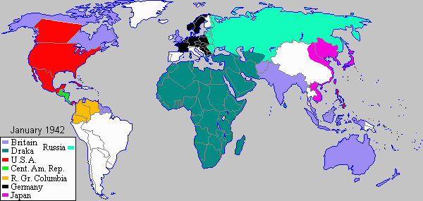 map of some powers' territories in early 1942 on the Draka 2alpha timeline