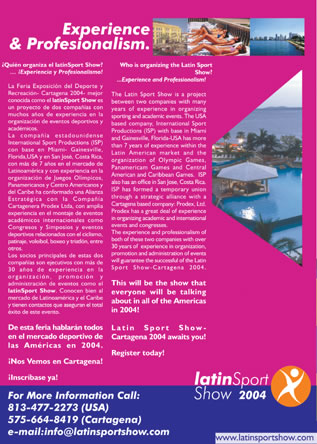 P&aacute;gina 5, Brochure (plegable) de LatinSport Show 2004; Dise&aacute;ado por Hernando Angel Madrid, Dise&aacute;ador Gr&aacute;fico Universidad Nacional de colombia