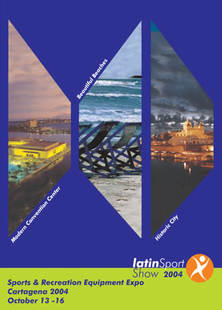 P&aacute;gina 1 del Brochure (plegable) de LatinSport Show 2004; Dise&aacute;ado por Hernando Angel Madrid, Dise&aacute;ador Gr&aacute;fico, Universidad Nacional de Colombia