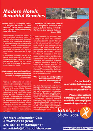 P&aacute;gina 3 de Brochure (Plegable) Latin Sport Show 2004, Dise&aacute;ado por Hernando Angel, Dise&aacute;ador Gr&aacute;fico, Universidad Nacional de Colombia 