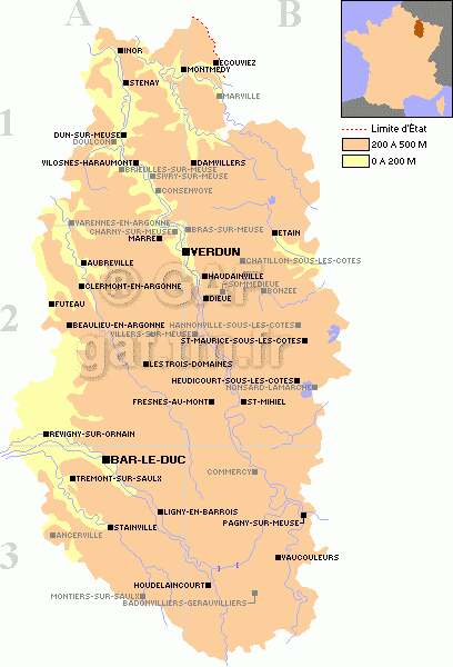 Landkaart van het departement Meuse. In het puntje ligt ons dorp: INOR