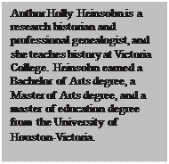 Text Box: Author Holly Heinsohn is a research historian and professional genealogist, and she teaches history at Victoria College. Heinsohn earned a Bachelor of Arts degree, a Master of Arts degree, and a master of education degree from the University of Houston-Victoria. 