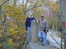 An old state boundary marker. Chris stands in West Virginia while Scott stands in Maryland