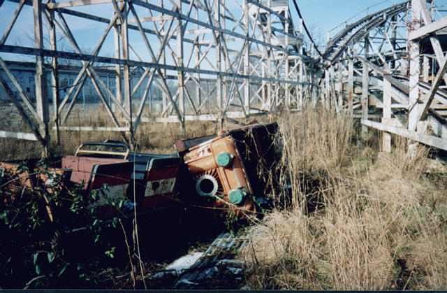 Some toppled over cars in the grass beside the standing but not operating Coaster.