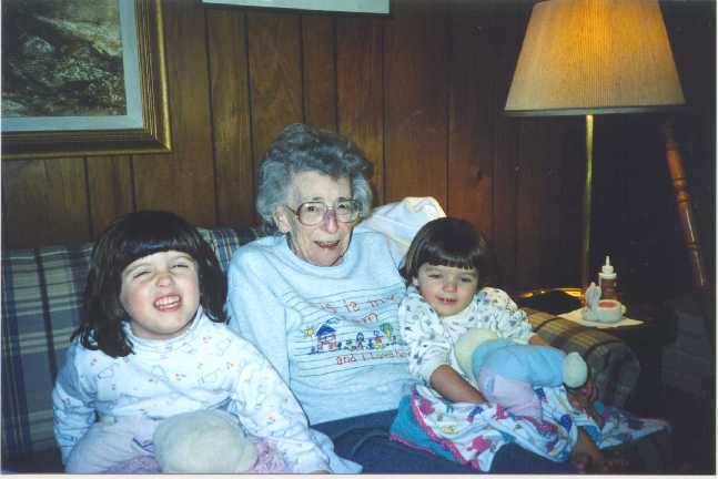 Photo of Grandma Kate Dale and Two Great Grand Kids, Summer 1999.