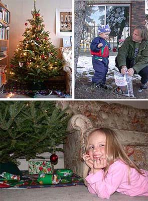 Joulukuusemme, Eelis ja Matti laittavat ruokinnan ja Hilla kuusen alla tekemiens� lahjojen kanssa 24.12.-03