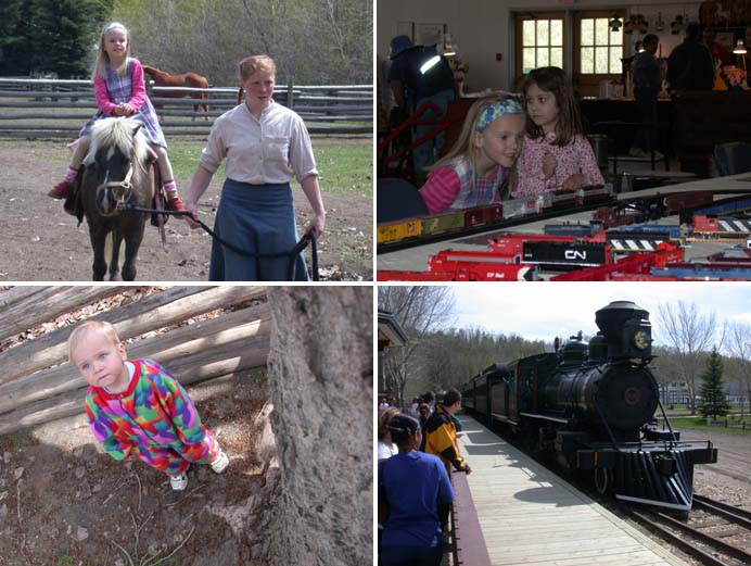 Victoria dayn retki Fort Edmonton parkiin  19.5.03: Hilla ratsastaa, Hilla & Sofia katsomassa pienoisrautatiet�, Eelis possuaitauksella ja aluetta kiert�v� h�yryjuna