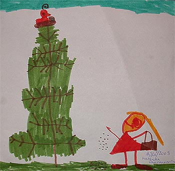 Punarintarastas puussa, Hilla antaa sille jyvi� (Hillan piirros 9.4.03)