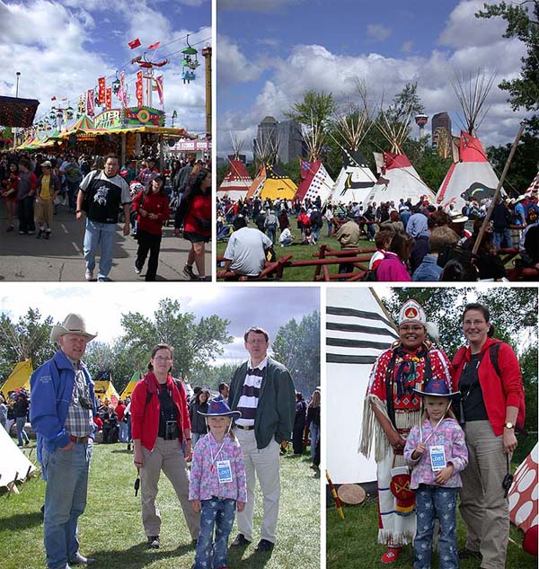 Calgary Stampede 5.-6.7.-03; huvipuistohulinaa (ylh. vas.), intiaanikyl� (ylh. oik.), Veli, Hanna, Hilla ja Mauri (alh. vas.) ja tyt�t ja intiaaniprinsessa (alh. oik.)