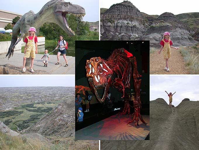 Dinohuumaa: Royal Tyrrell Museum, Drumheller (ylh. ja kesk.) ja Dinosaur Provincial Park (alh.) 2.-3.8.-03