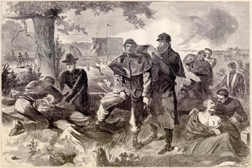 A Civil War surgeon is at work in the middle of a battle field.