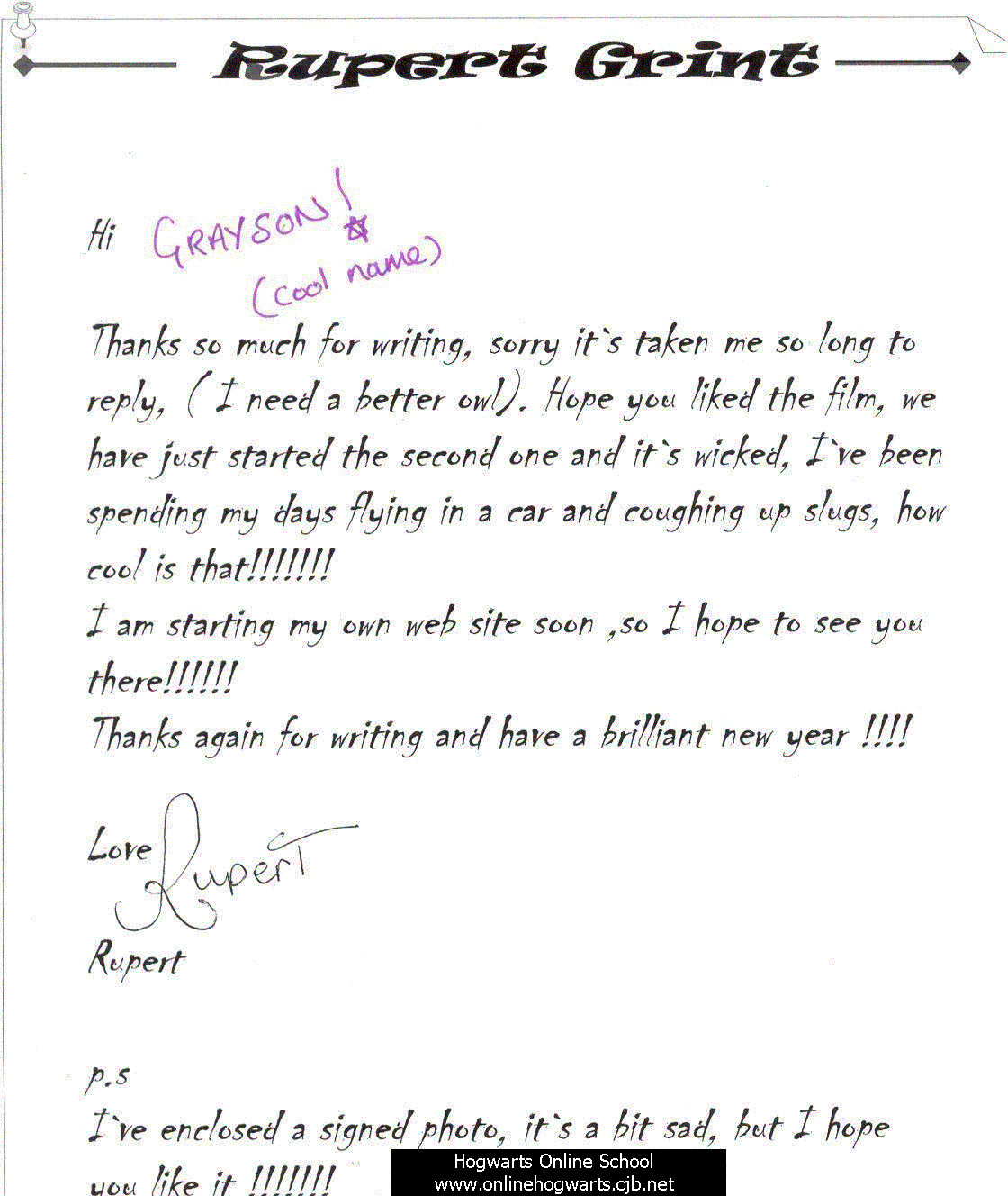 Letter from Rupert Grint