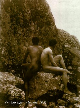 Two boys before rocky coast, 1900