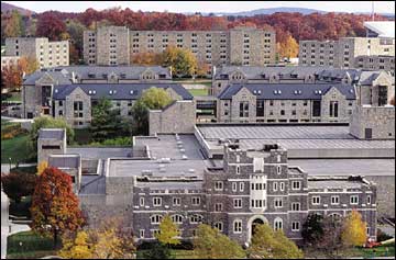 War Memorial gym with residence halls in the background
