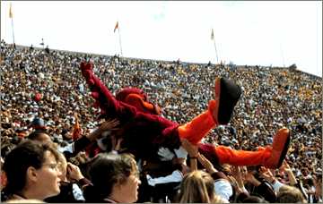 the Hokie Bird crowd surfing